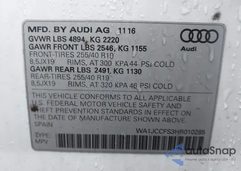 2017 Audi Q3 2.0T Premium from USA, damaged, VIN WA1JCCFS3HR010285